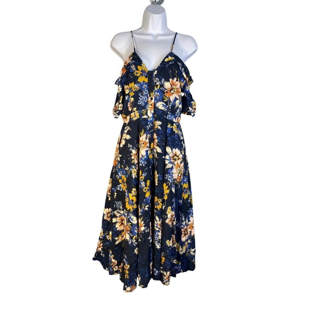 Yumi Kim Womens V-neck Cold Shoulder Midi Floral Dress Size Small